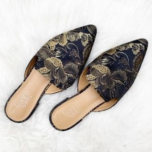 Franco Sarto Russo Black Gold Floral Mules Flats
